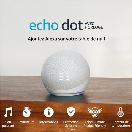 Echo Dot avec horloge (5e génération, modèle 2022) | Enceinte connectée Bluetooth et Wi-Fi au son puissant encore plus imposant, avec horloge et Alexa | Blanc